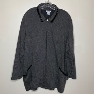 AVENUE Jacket Black & White Herringbone Zip Front Boxy Vegan Leather Trim 22